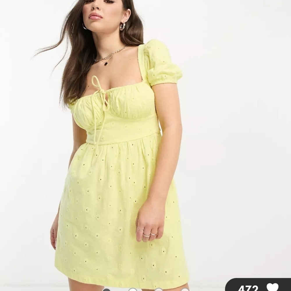 Asos | NWT Petite Eyelet Short Sleeve Mini Tea Dress Ruched Bust Lemon S…